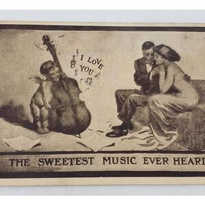 c1919 Romance Love Sweetest Music Ever Heard Couple Cherub Antique Postcard